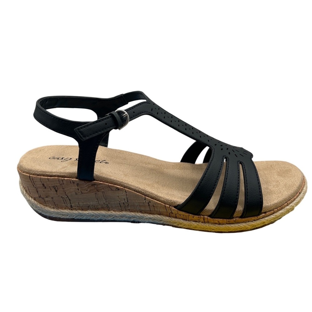 Easy Street Dorinda Sandals Women's 9.5 M,Black Laser Cut Wedge Espadrilles
